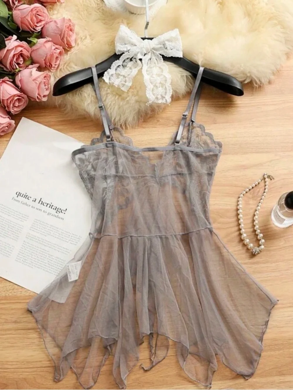 Sheer Delicate Lace Open Front Waterfall Chemise Slip Top in Gray. Size M